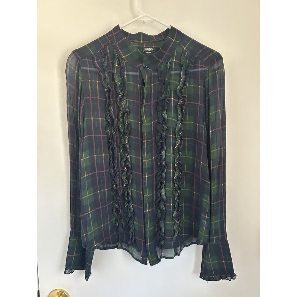 ICONS Objects Of Devotion Revolve Tartan Ruffle Blouse Sz L Made In USA